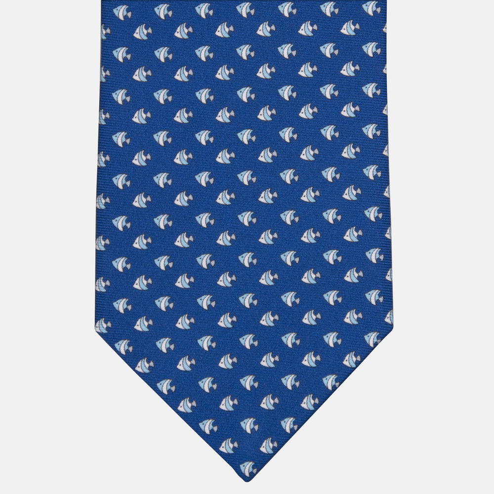3-fold Silk Tie with Fish Pattern in Light Blue - M49747