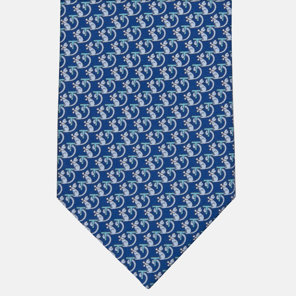 3-fold Silk Tie with Kitten Pattern in Light Blue - M49155