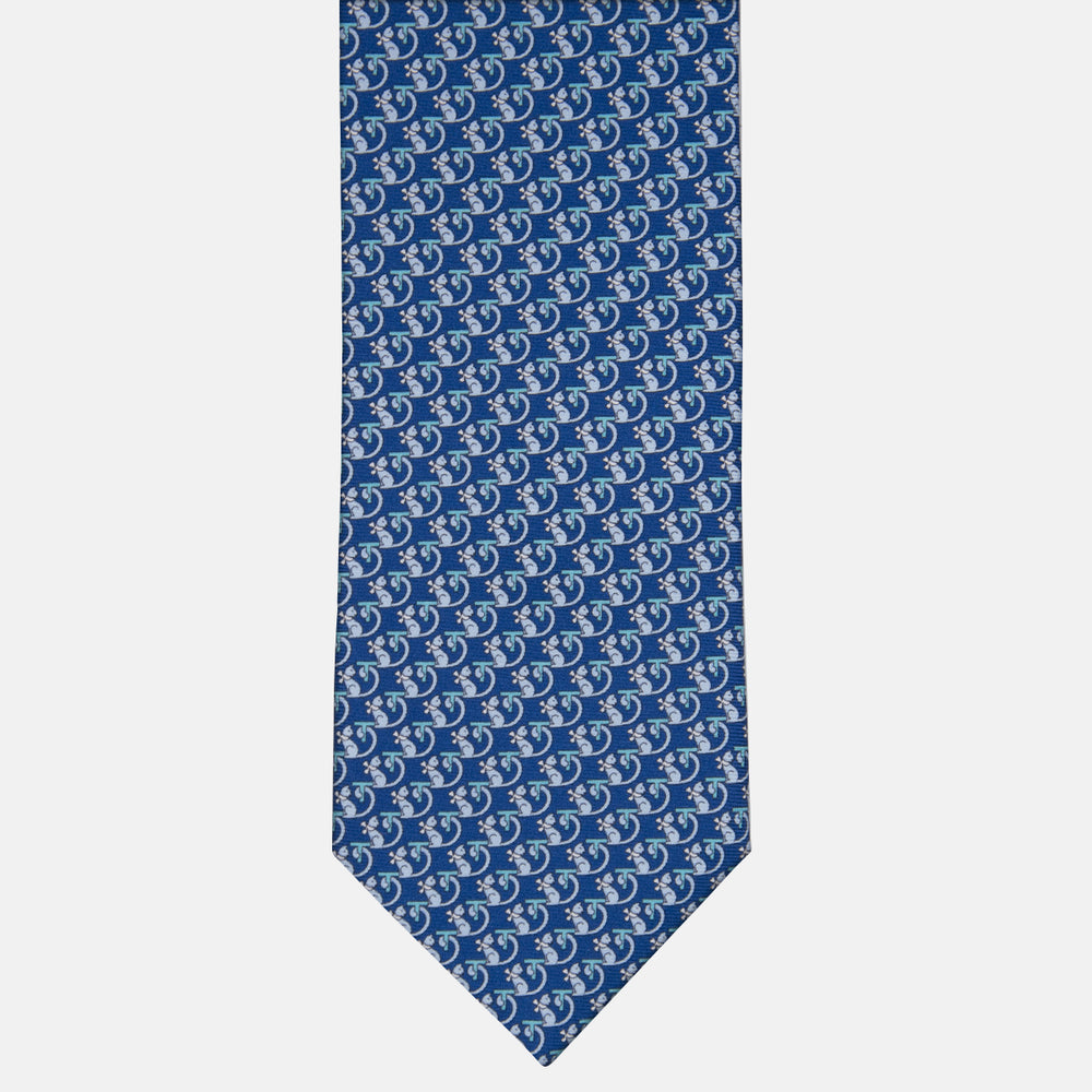 3-fold Silk Tie with Kitten Pattern in Light Blue - M49155