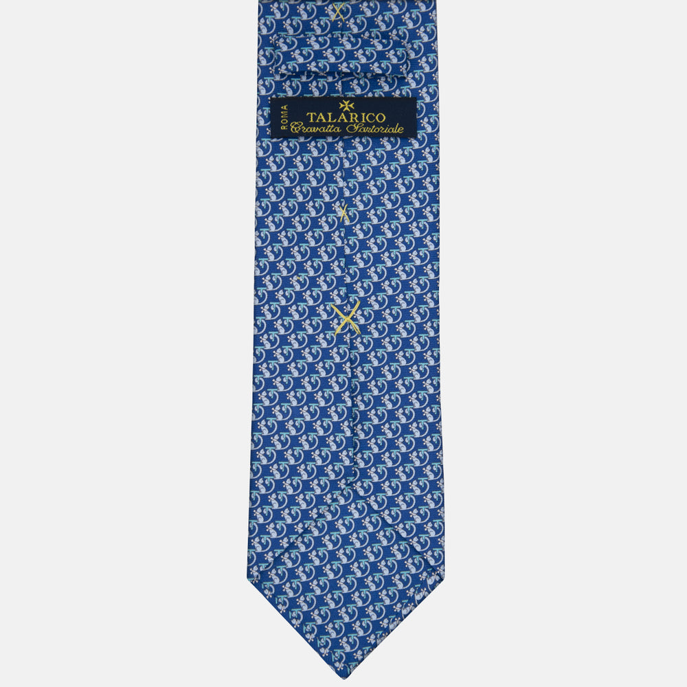 3-fold Silk Tie with Kitten Pattern in Light Blue - M49155