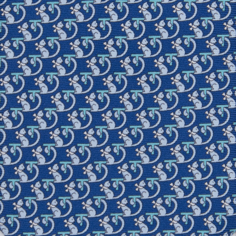 3-fold Silk Tie with Kitten Pattern in Light Blue - M49155