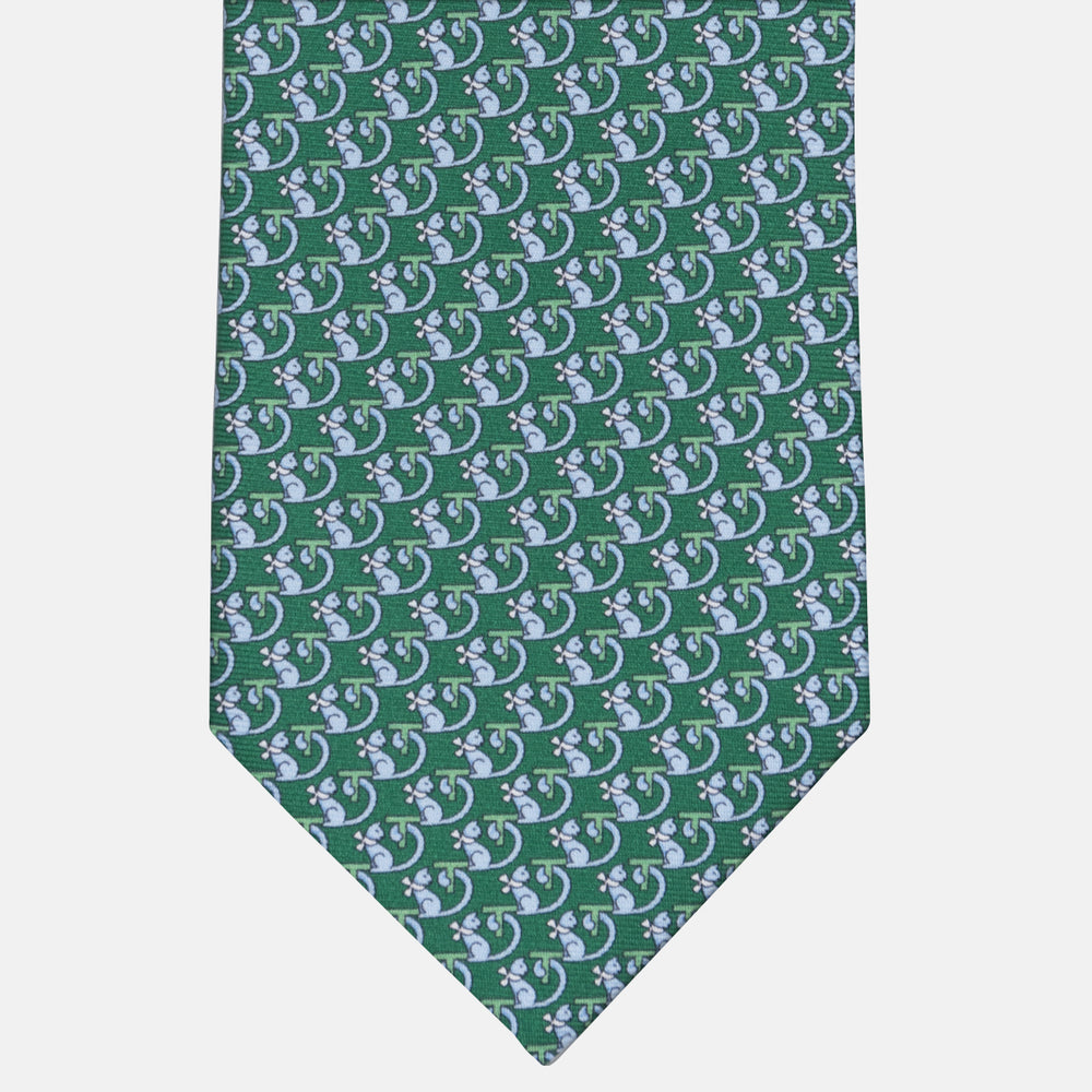 3-fold Silk Tie with Kitten Pattern Green - M49155