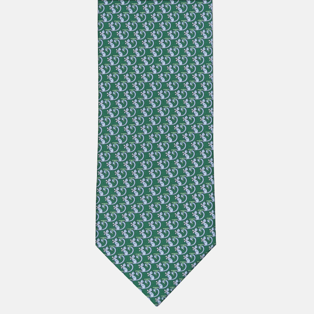 3-fold Silk Tie with Kitten Pattern Green - M49155