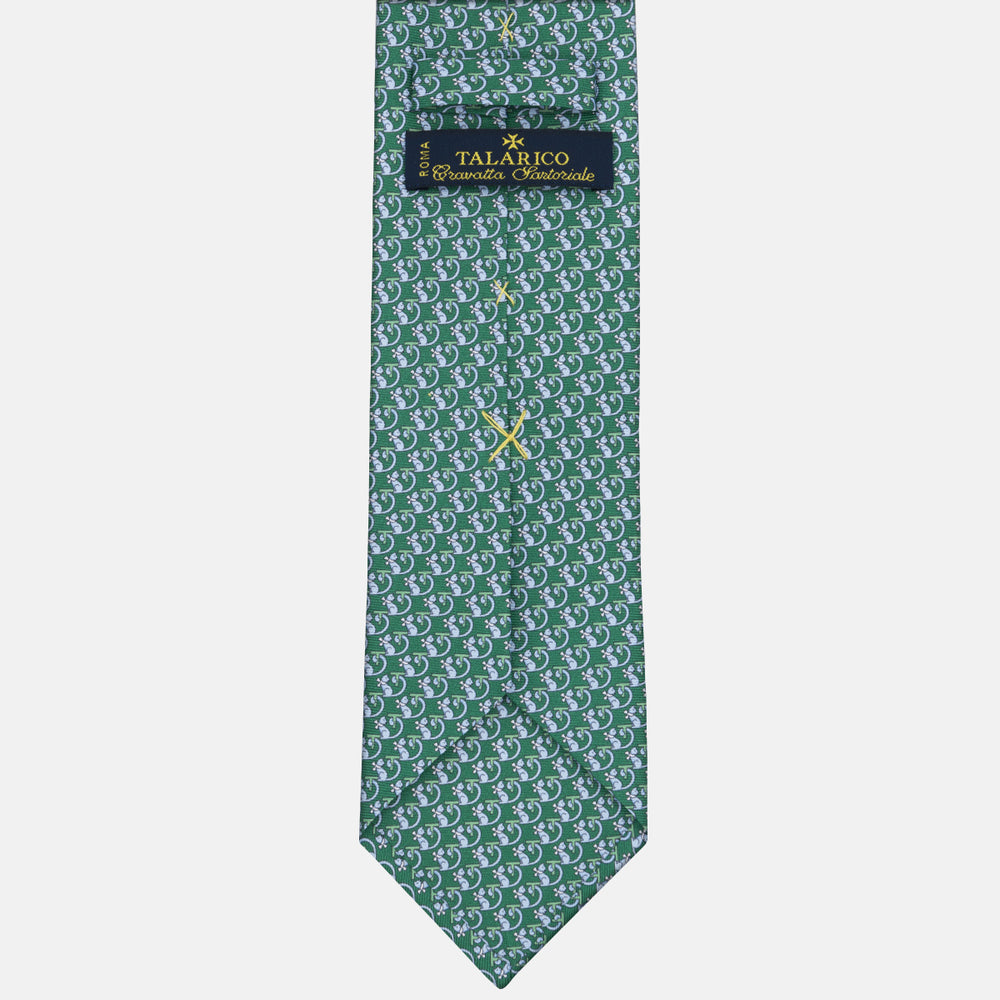 3-fold Silk Tie with Kitten Pattern Green - M49155