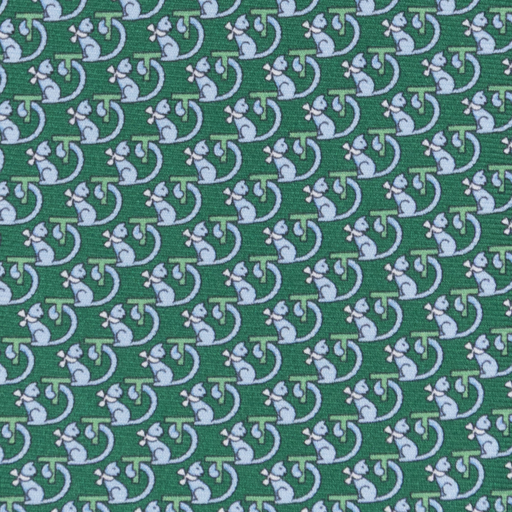 3-fold Silk Tie with Kitten Pattern Green - M49155