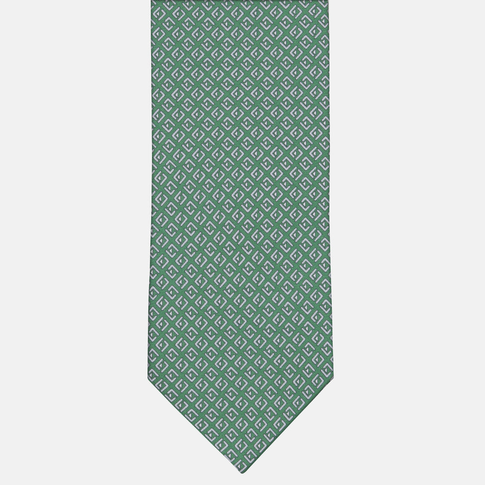 3-fold Silk Tie with Geometric Pattern in Green -M50029