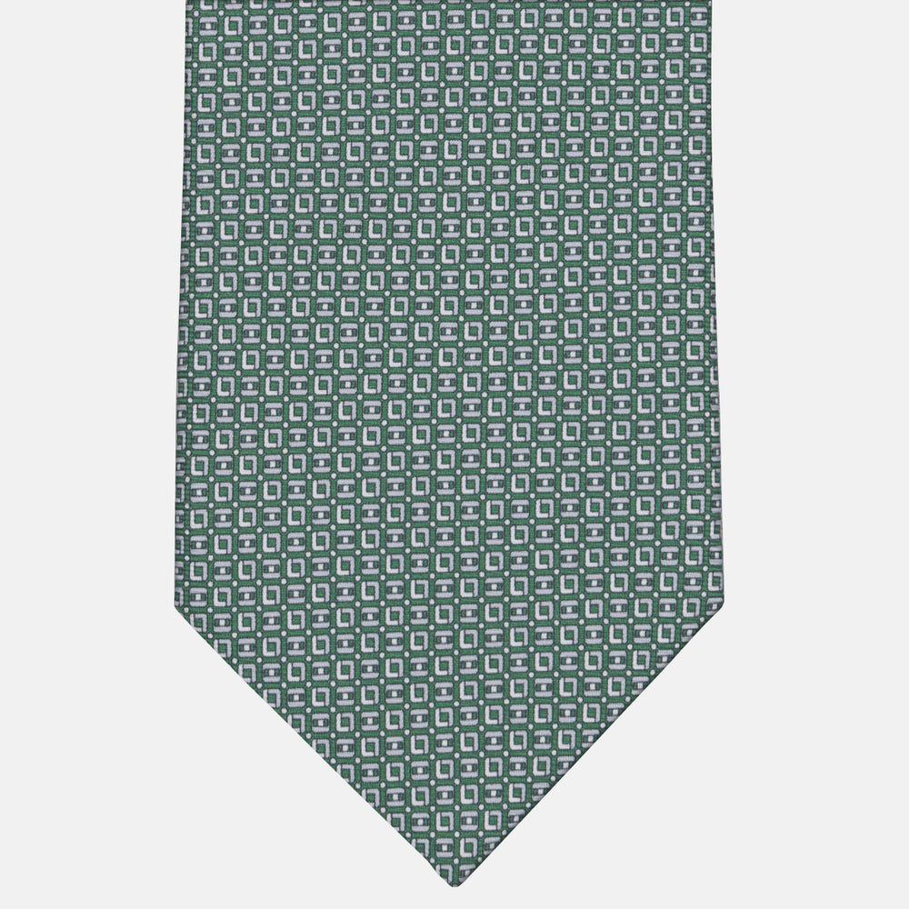 3-fold Tie in Geometric Pattern Green Silk - M49796