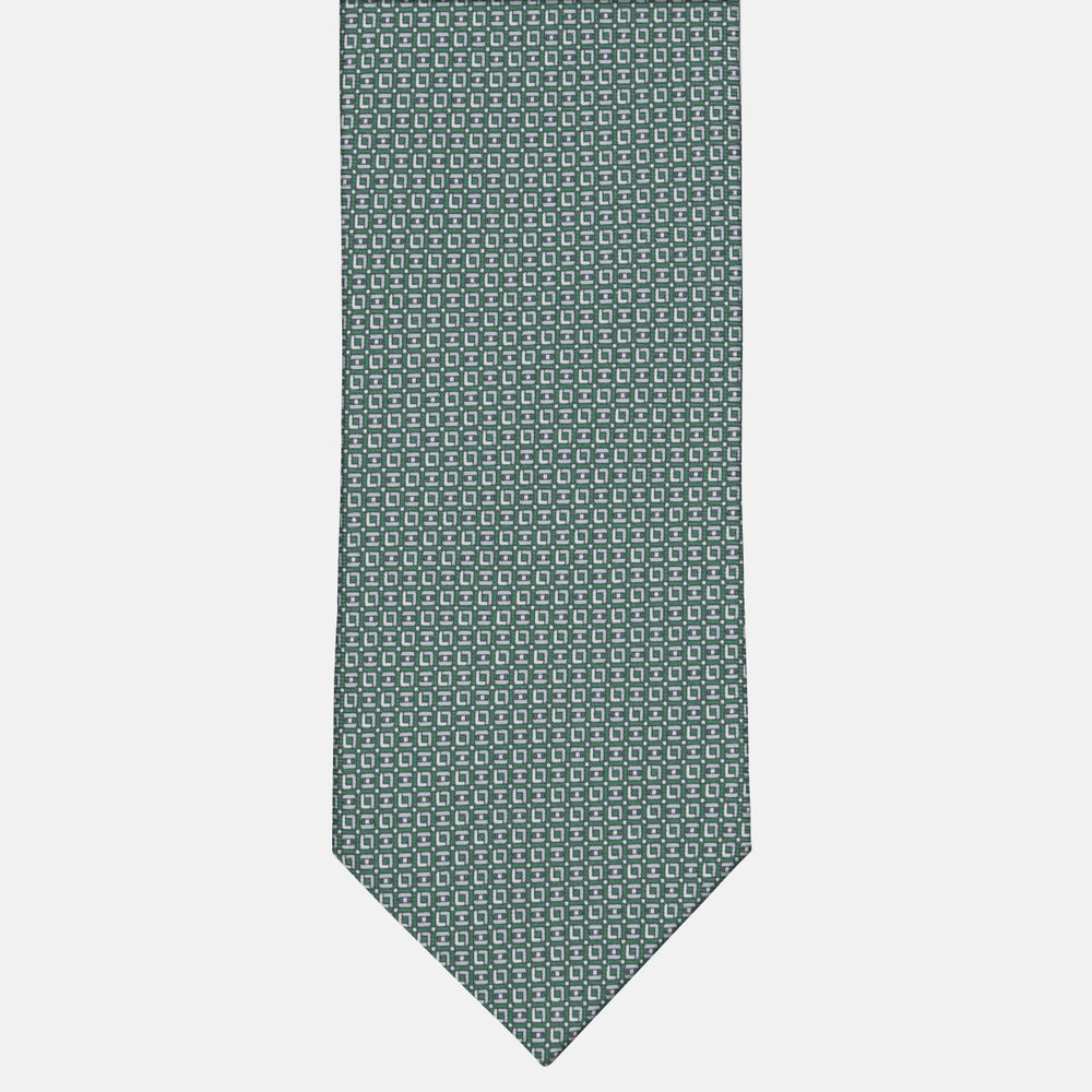 3-fold Tie in Geometric Pattern Green Silk - M49796