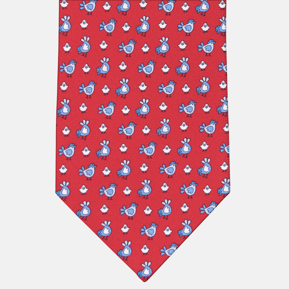 3-fold Silk Tie with Chickens Pattern Red - M55268