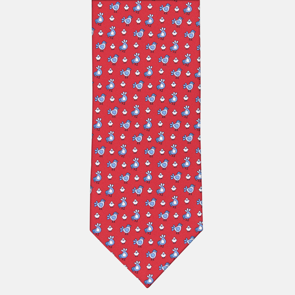 3-fold Silk Tie with Chickens Pattern Red - M55268