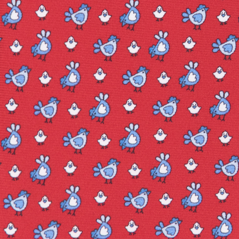 3-fold Silk Tie with Chickens Pattern Red - M55268