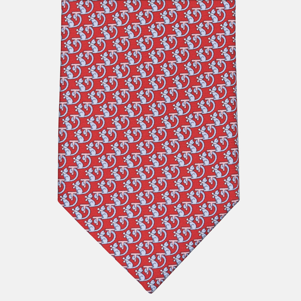 3-fold Silk Tie with Kitten Pattern Red - M49155