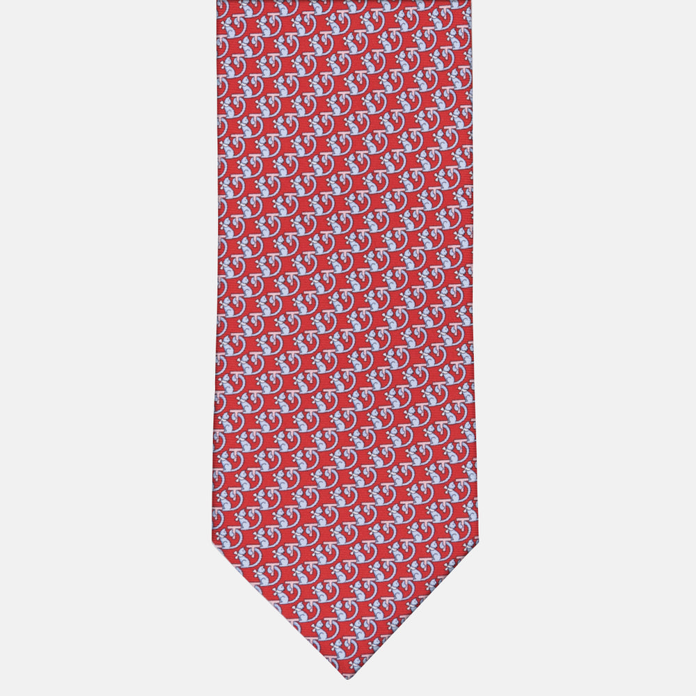 3-fold Silk Tie with Kitten Pattern Red - M49155