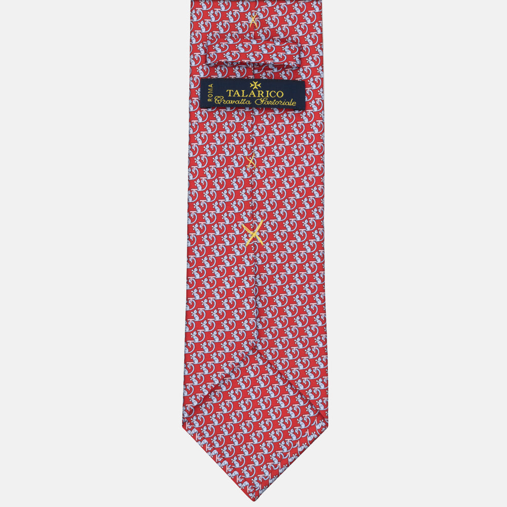 3-fold Silk Tie with Kitten Pattern Red - M49155