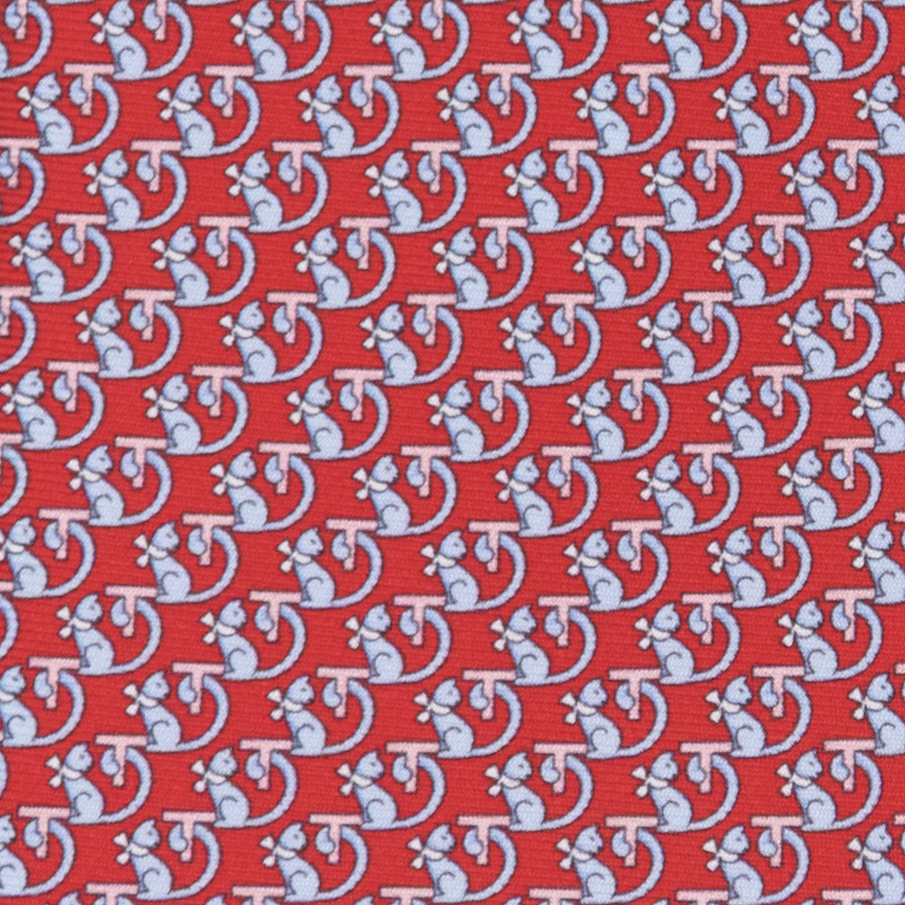 3-fold Silk Tie with Kitten Pattern Red - M49155