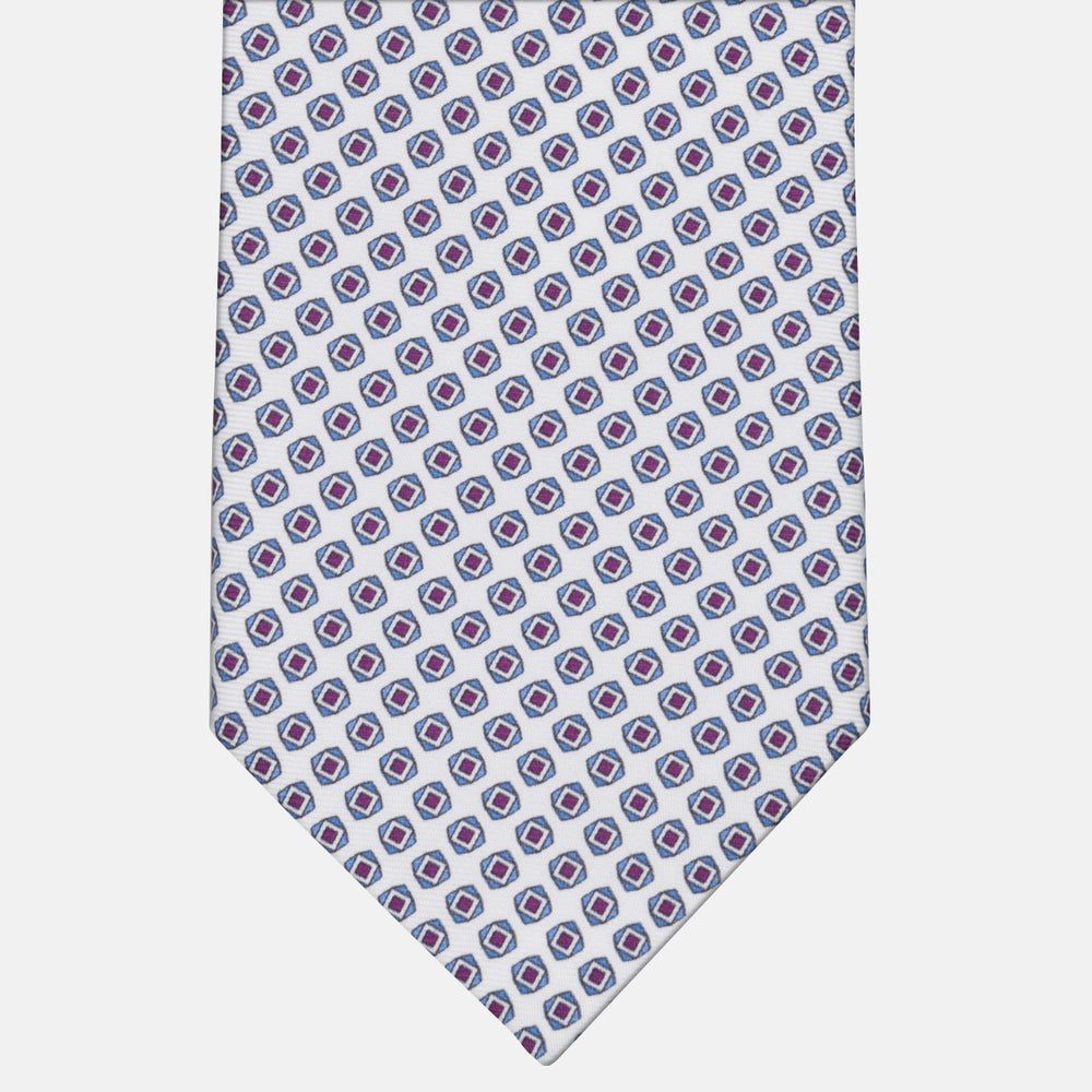 3-fold Silk Tie with Geometric Pattern in White - M34008