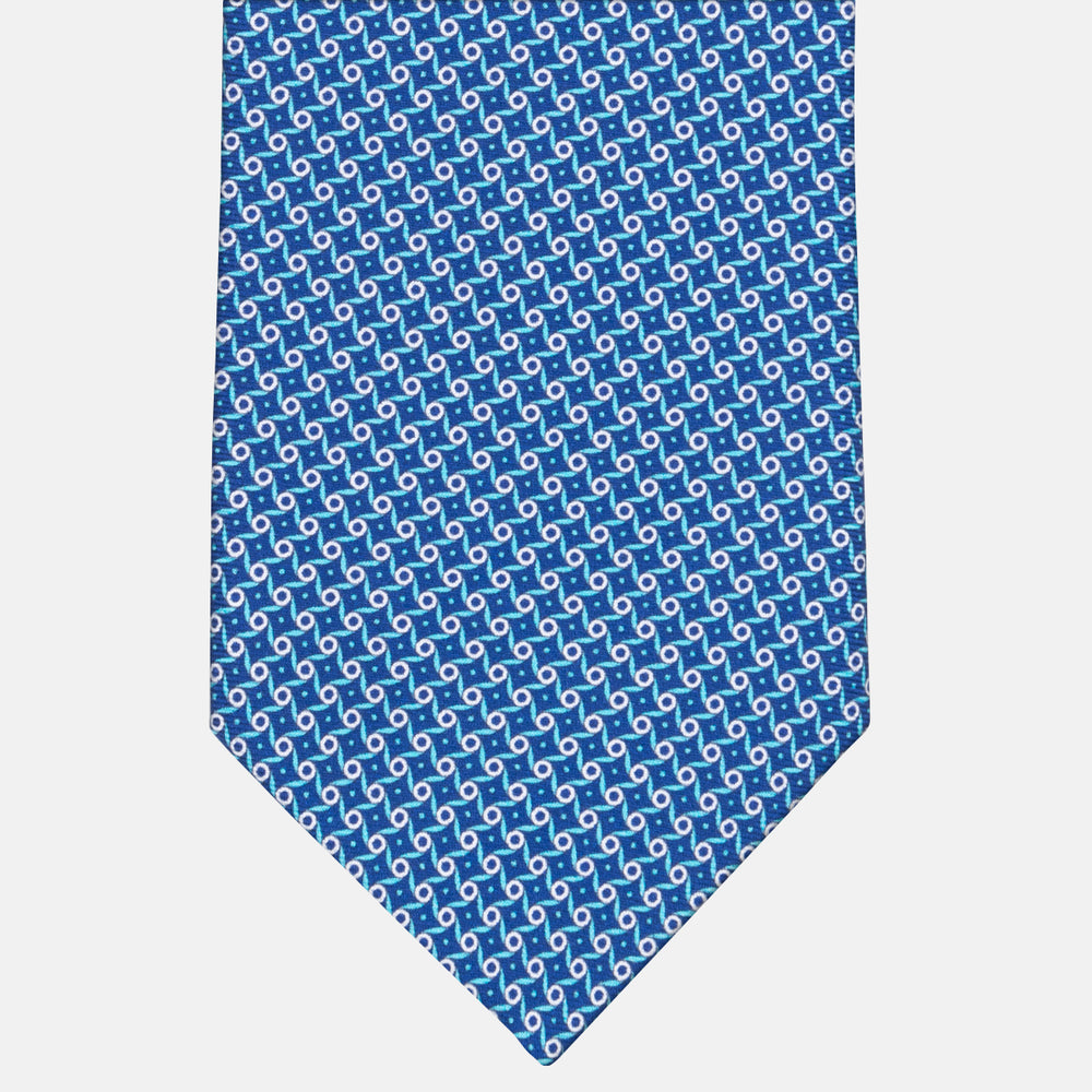 3-fold Tie in Geometric Pattern Pool Blue Silk - M50005