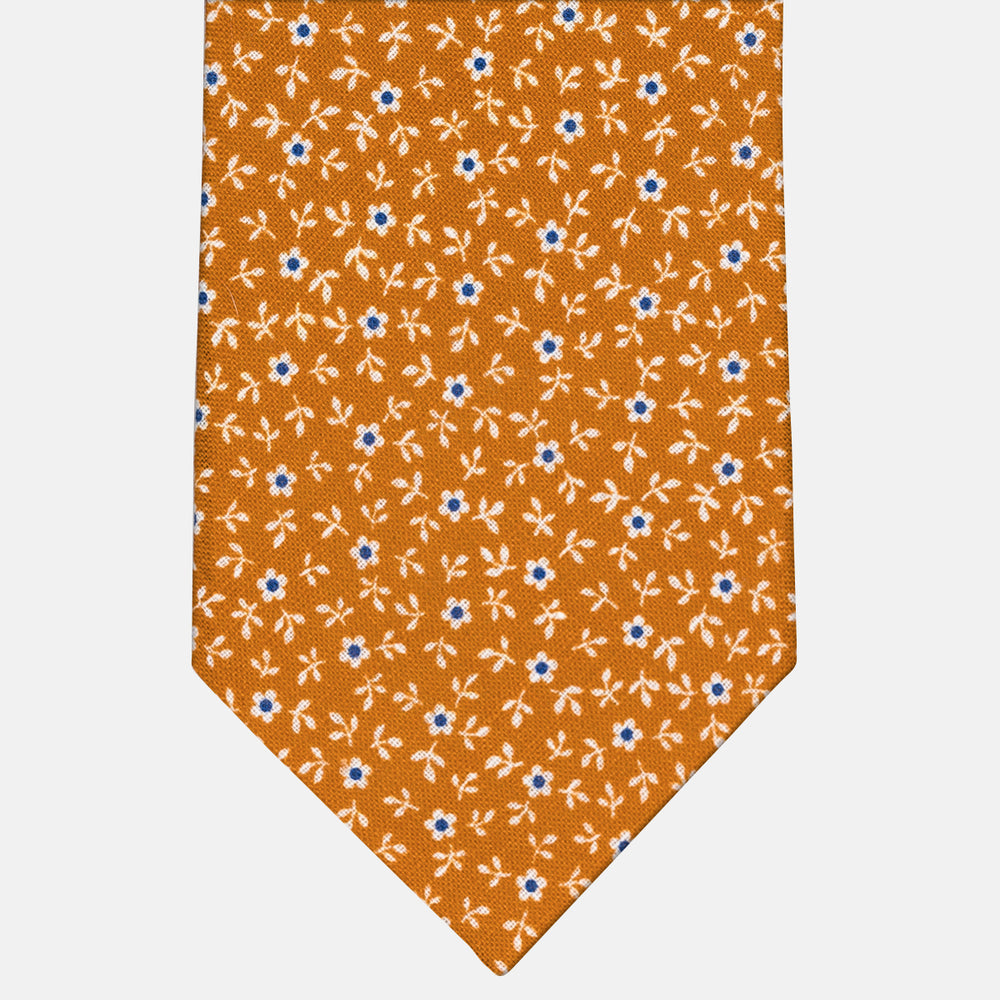 3-Fold Tie in Irish Linen Orange Floral Pattern - M6501