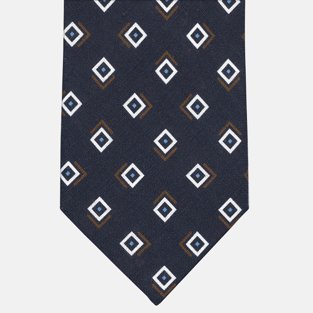 3-Fold Tie in Irish Linen Geometric Pattern Blue Brown-M49113