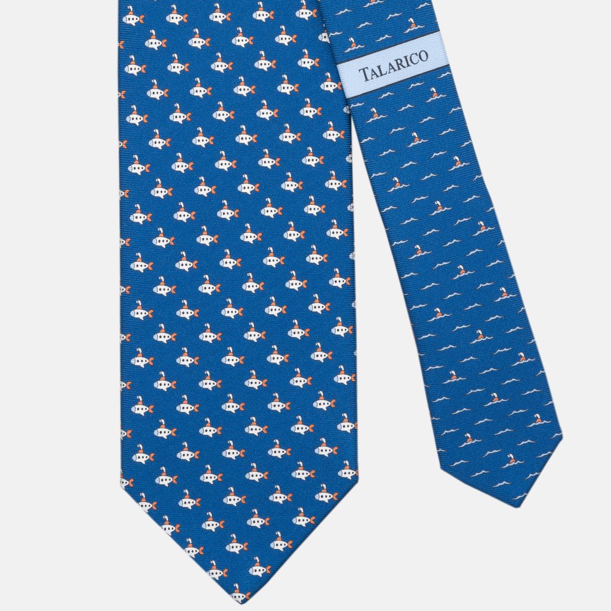 Three-fold tie in silk with blue submarine pattern