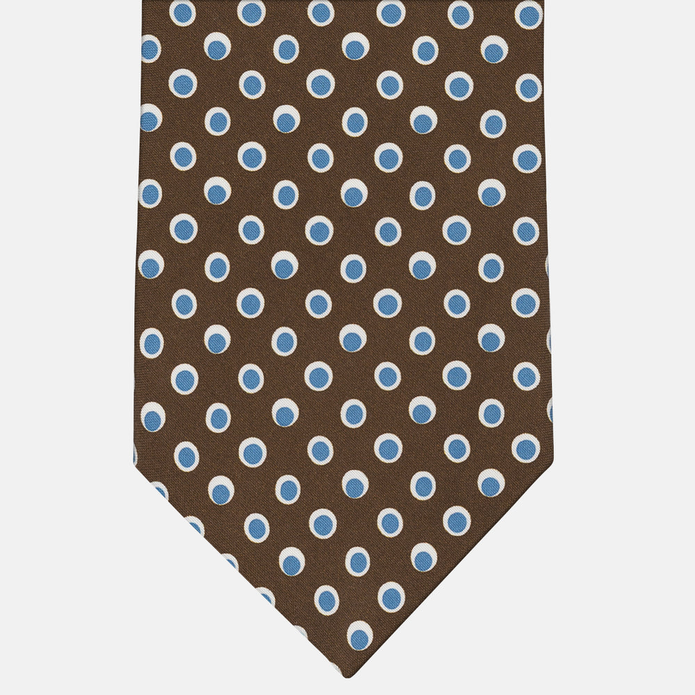 3-Fold Tie in Irish Linen Brown-Celeste Polka Dot Pattern