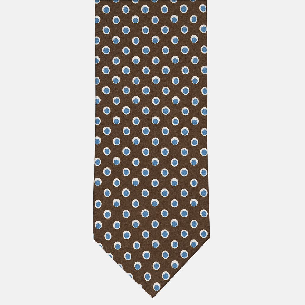 3-Fold Tie in Irish Linen Brown-Celeste Polka Dot Pattern