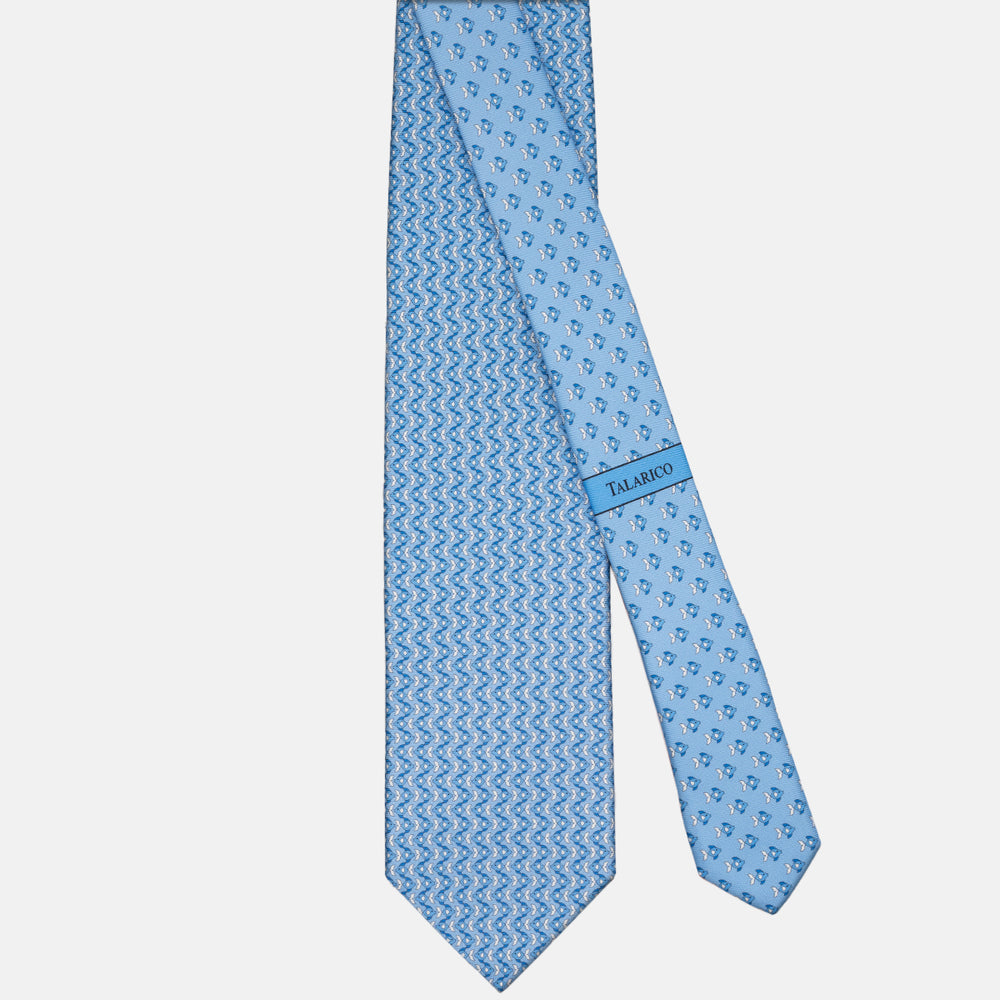3-fold Silk Tie with Fish Pattern in Light Blue
