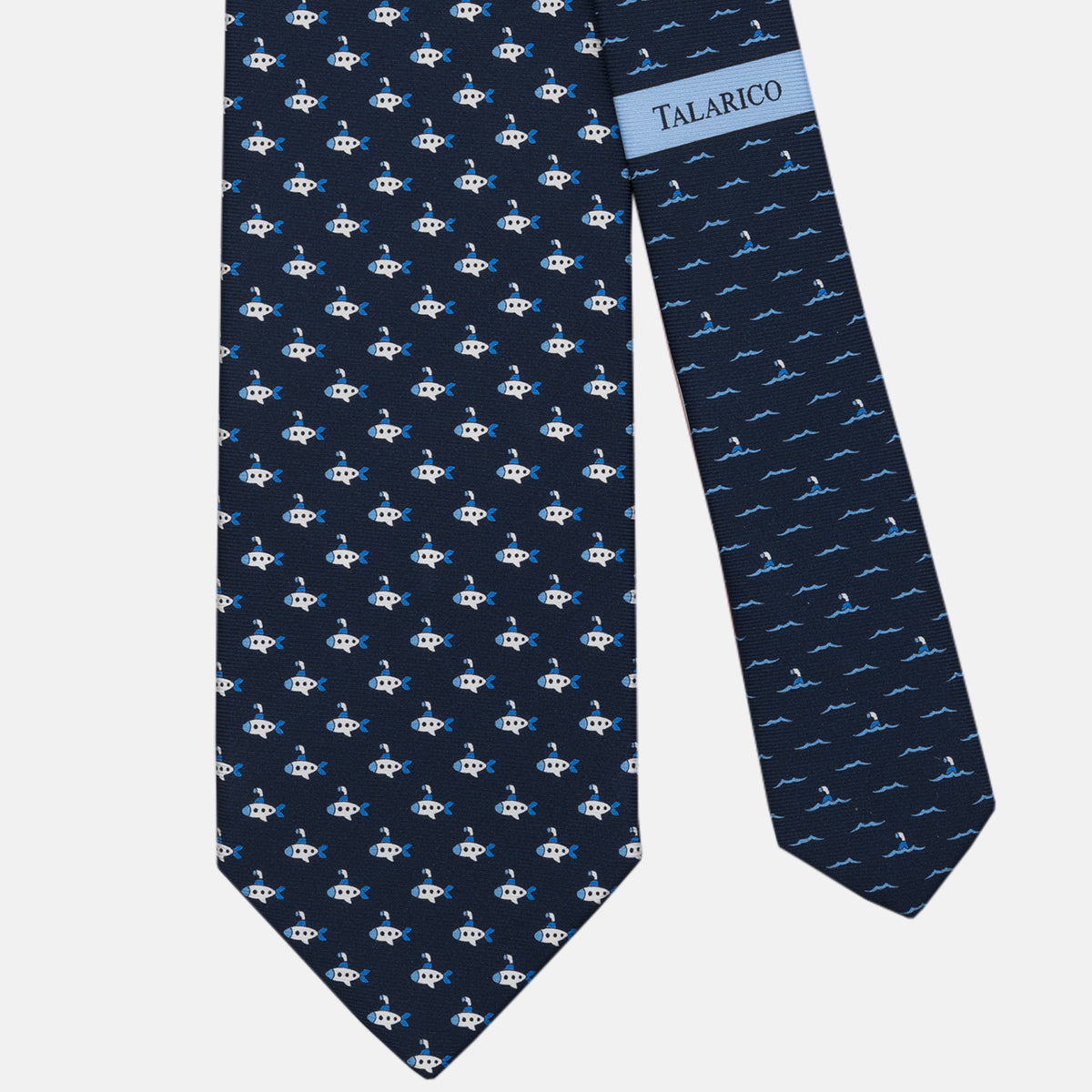 Three-fold tie in silk with light blue submarine pattern