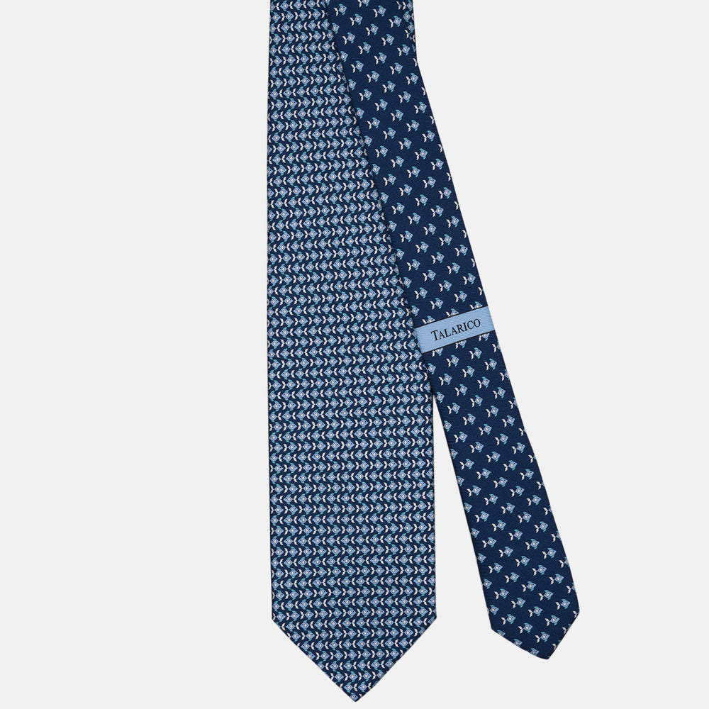 3-fold Silk Tie with Blue Fish Pattern