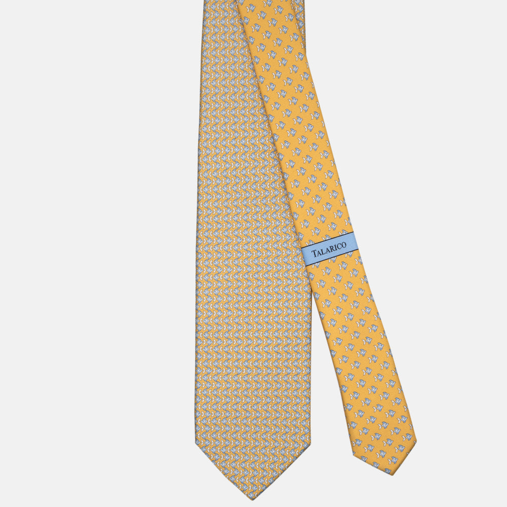 3-fold Silk Tie with Fish Pattern Yellow