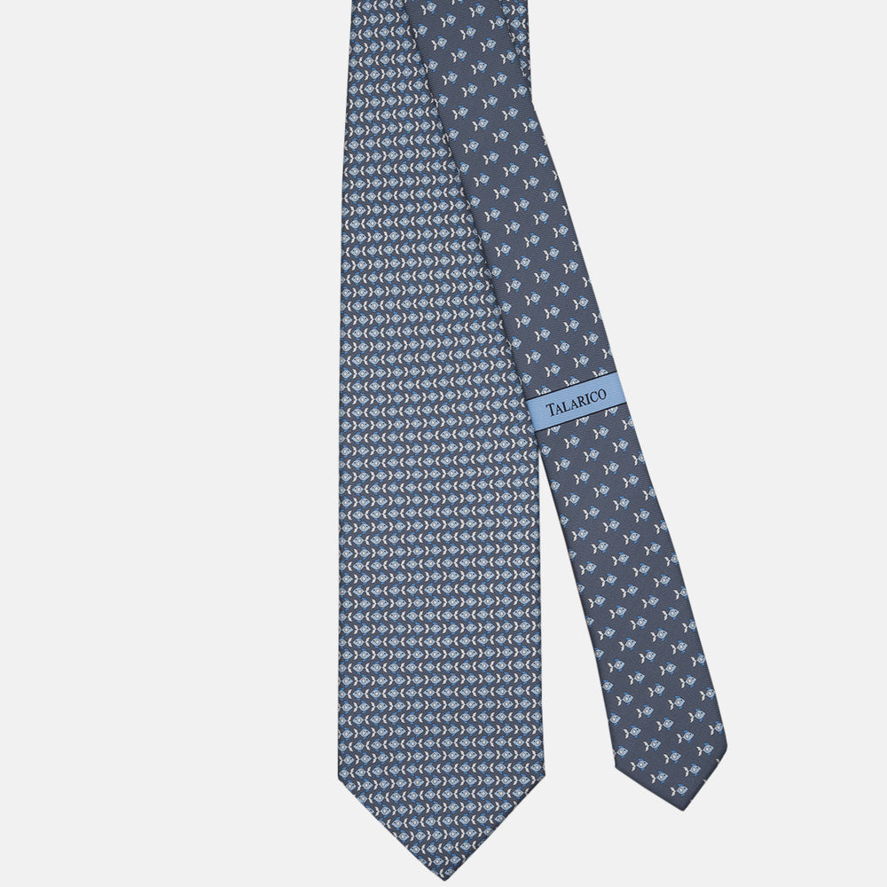 3-fold Silk Tie with Fish Pattern in Gray