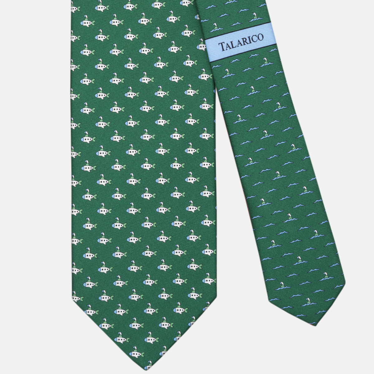 Three-fold tie in silk with green submarine pattern