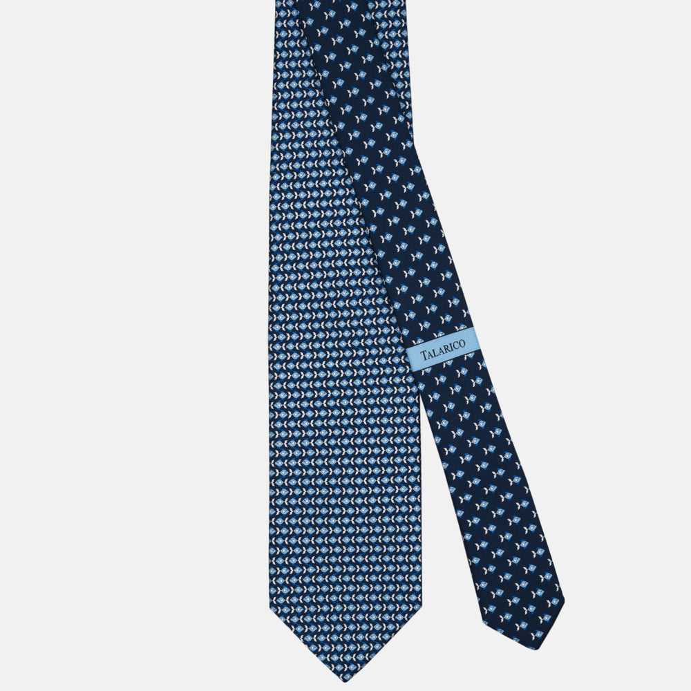 3-fold Silk Tie with Blue Fish Pattern