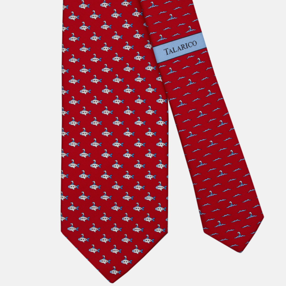 Three-fold tie in silk with red submarine pattern