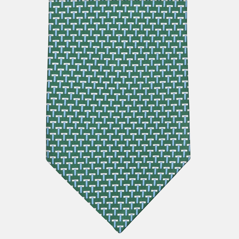 Three-Fold Silk T Iconic Tie in Green and Light Blue
