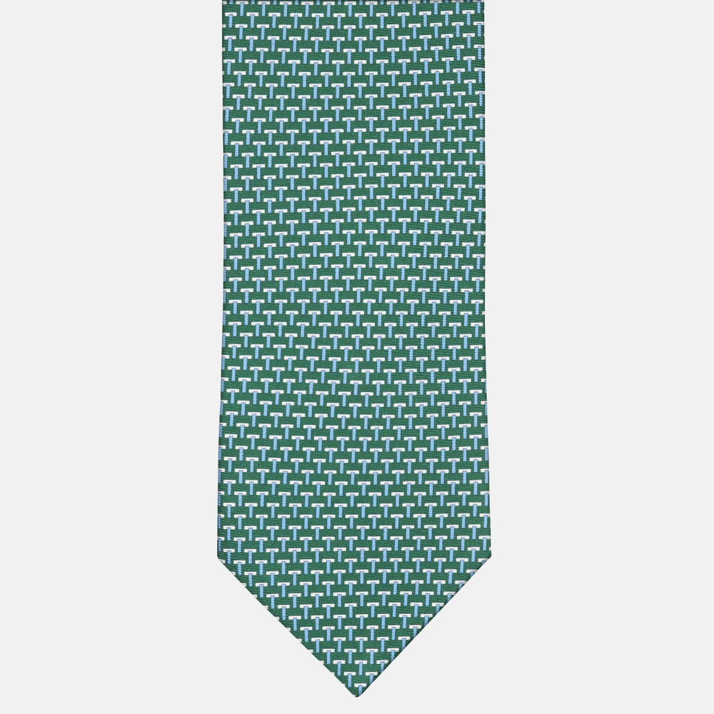 Three-Fold Silk T Iconic Tie in Green and Light Blue